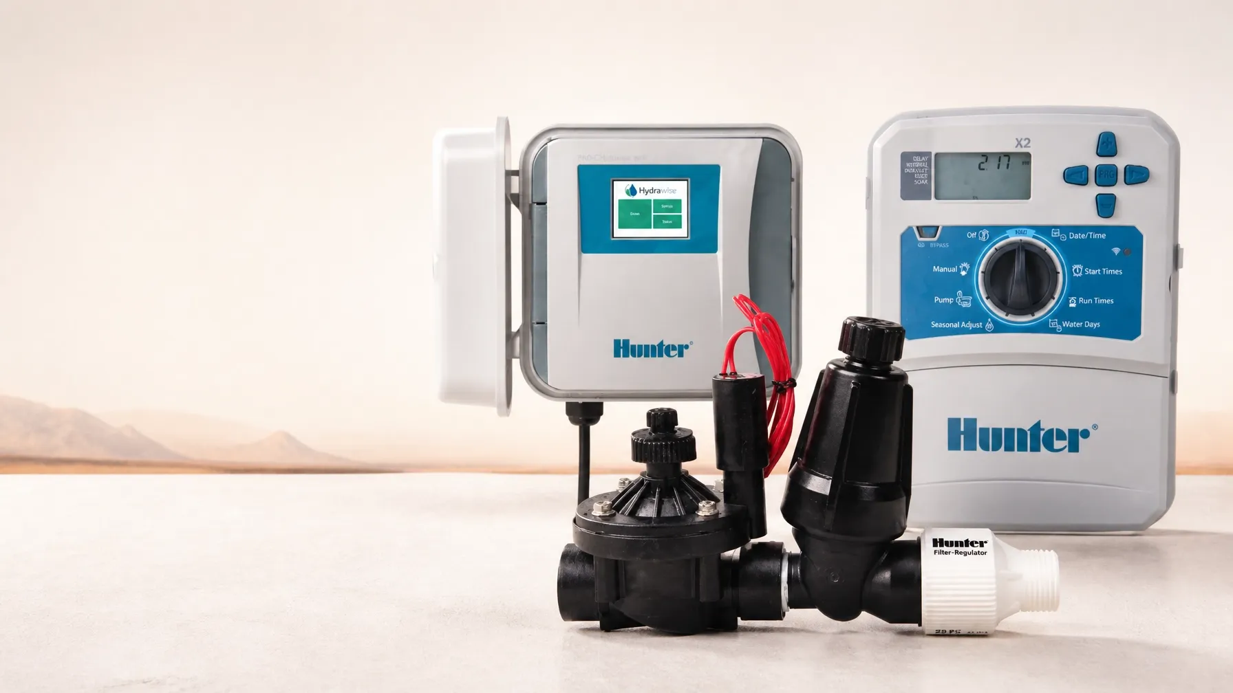 Hunter commercial irrigation products including an ICZ drip control zone kit, Hydrawise digital controller, and X2 dial-style controller.